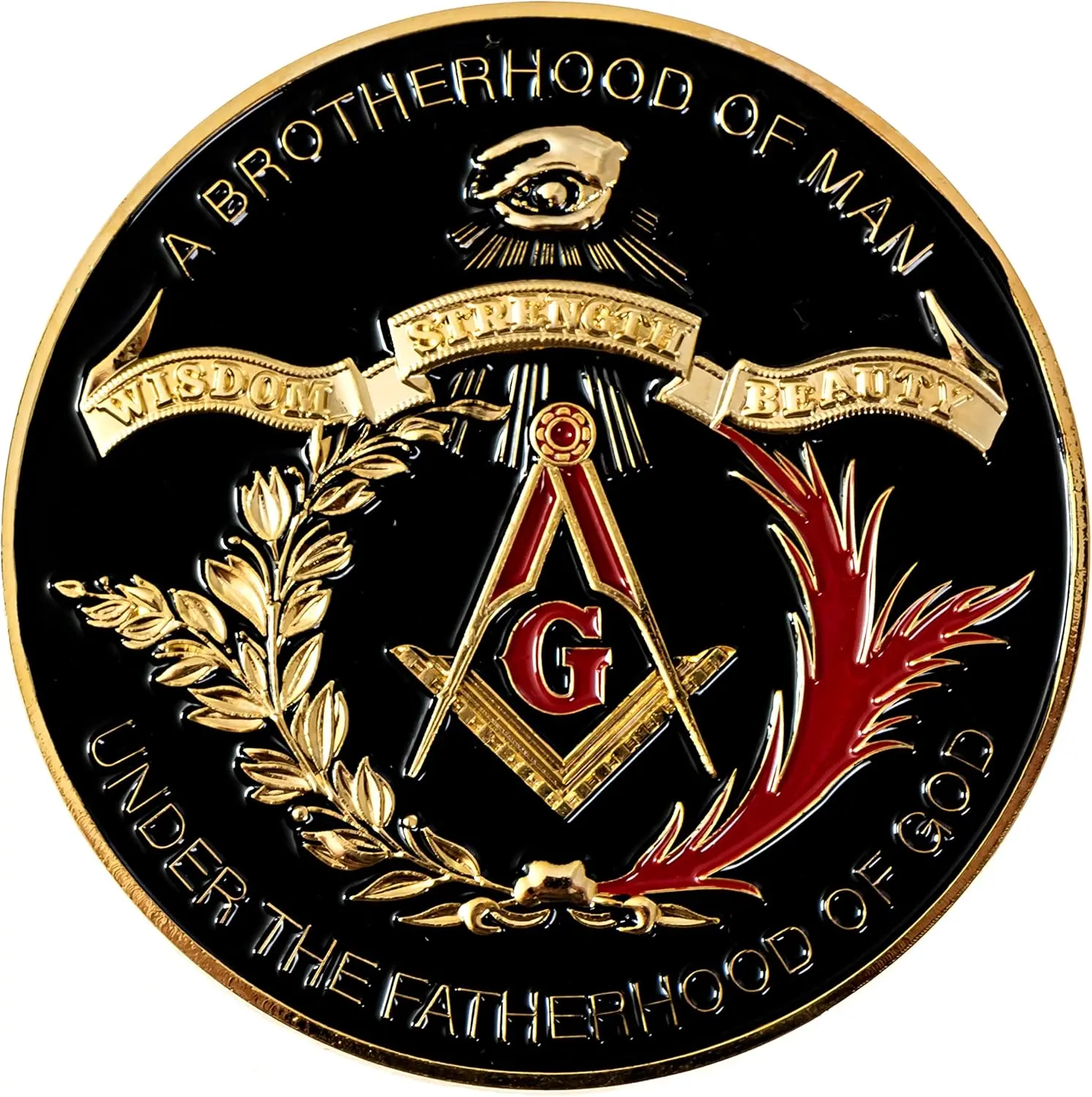 Decorative Masonic Brotherhood of Man Round Plastic Auto Emblem - Black & Gold, 3'' Diameter, Peel-and-Stick Adhesive Pad, Peel the Thin Plastic Cover Removable Decal for Glass, Metal Body Panels