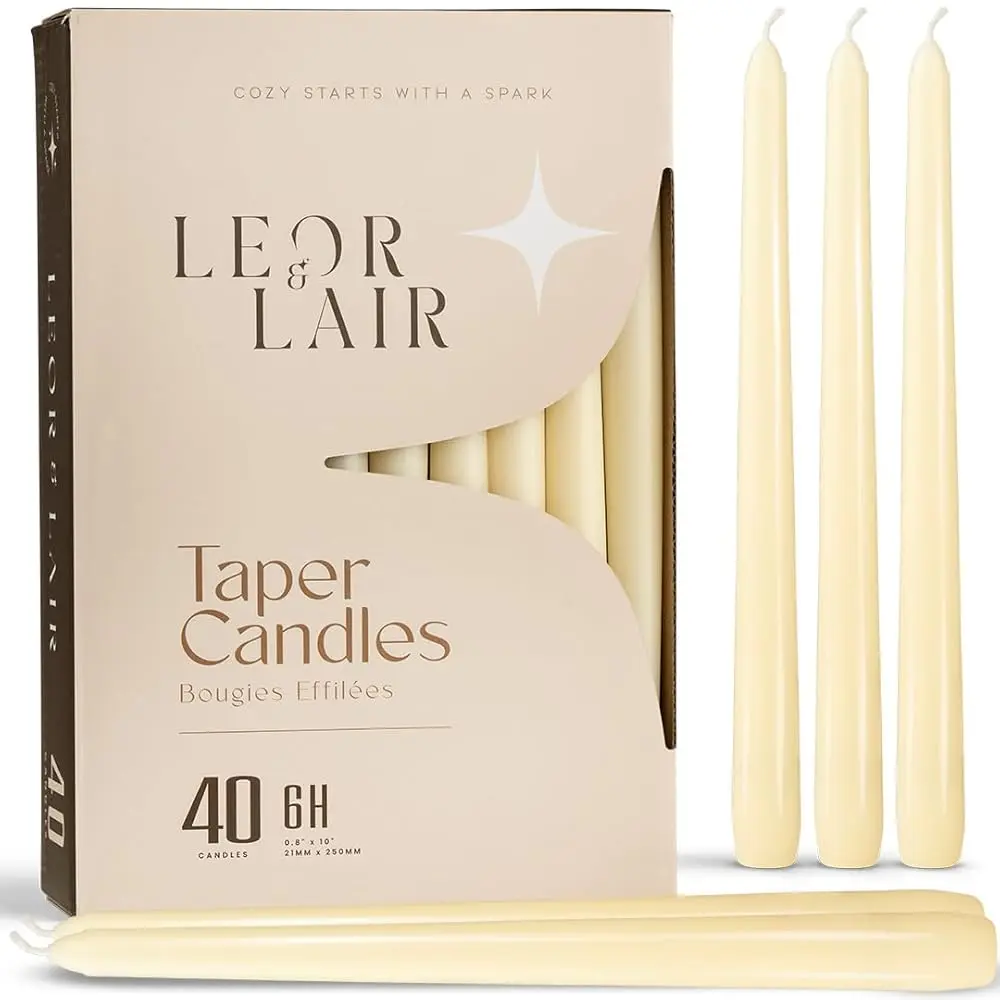 Leor & Lair Bulk Taper Candles - 40 Pack Unscented 10" Tall Candlesticks for Home Decor, Weddings, Holiday, Family Dinner, Available in Ivory, White, Red, Green, Black, Pink