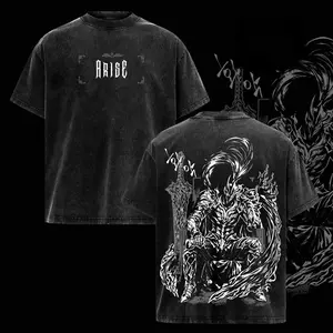 Vintage Acid Wash Dark Armored Knight Graphic T-Shirt, Gothic Fantasy Oversized Streetwear Tee, Retro Black White Grunge Casual Top