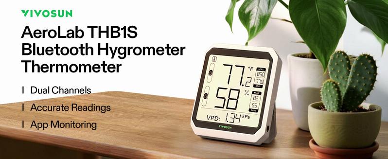 VIVOSUN AeroLab THB1/THB1S Wireless Bluetooth Hygrometer Thermometer Indoor, Smart Temperature Monitor, VPD, Digital Humidity Meter, LCD Remote Control & Alert, Data Storage, Dual Channels, Battery Included