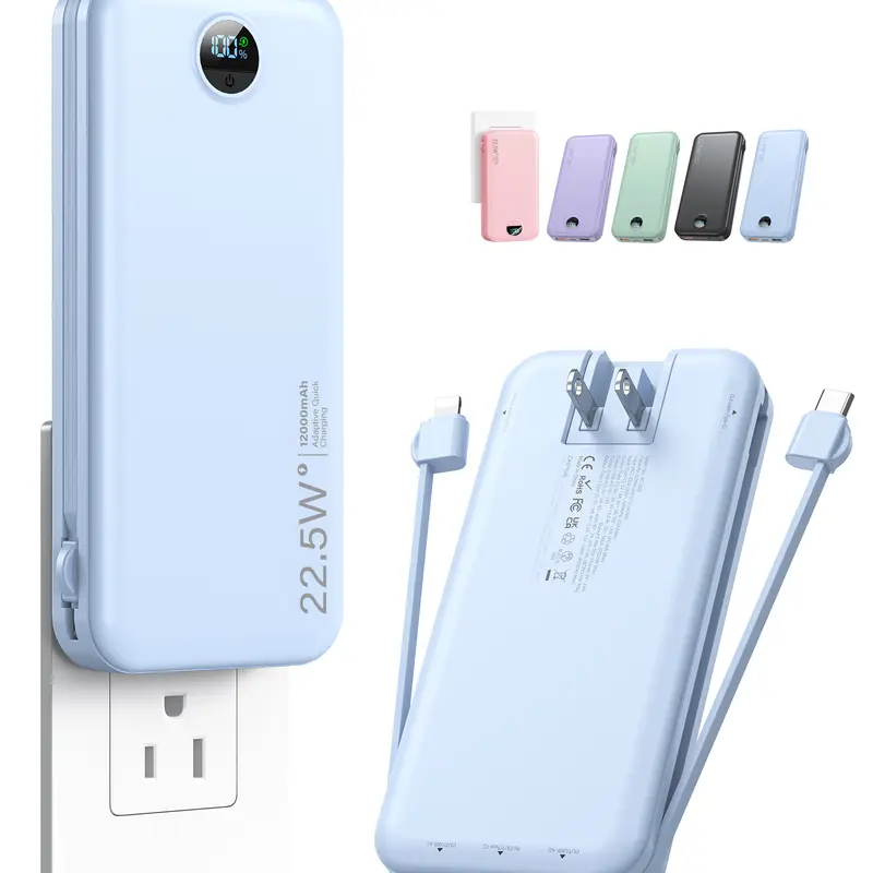 Bodo-Tech AC-02D 12000mAh Battery Power Bank Portable Charger - Built-in Wall Charger with AC Plug, USB-C, Lightning, USB-A Cables, 3 Outputs, LED Digital Display for Fast Charging, Mobile Phones, Travel