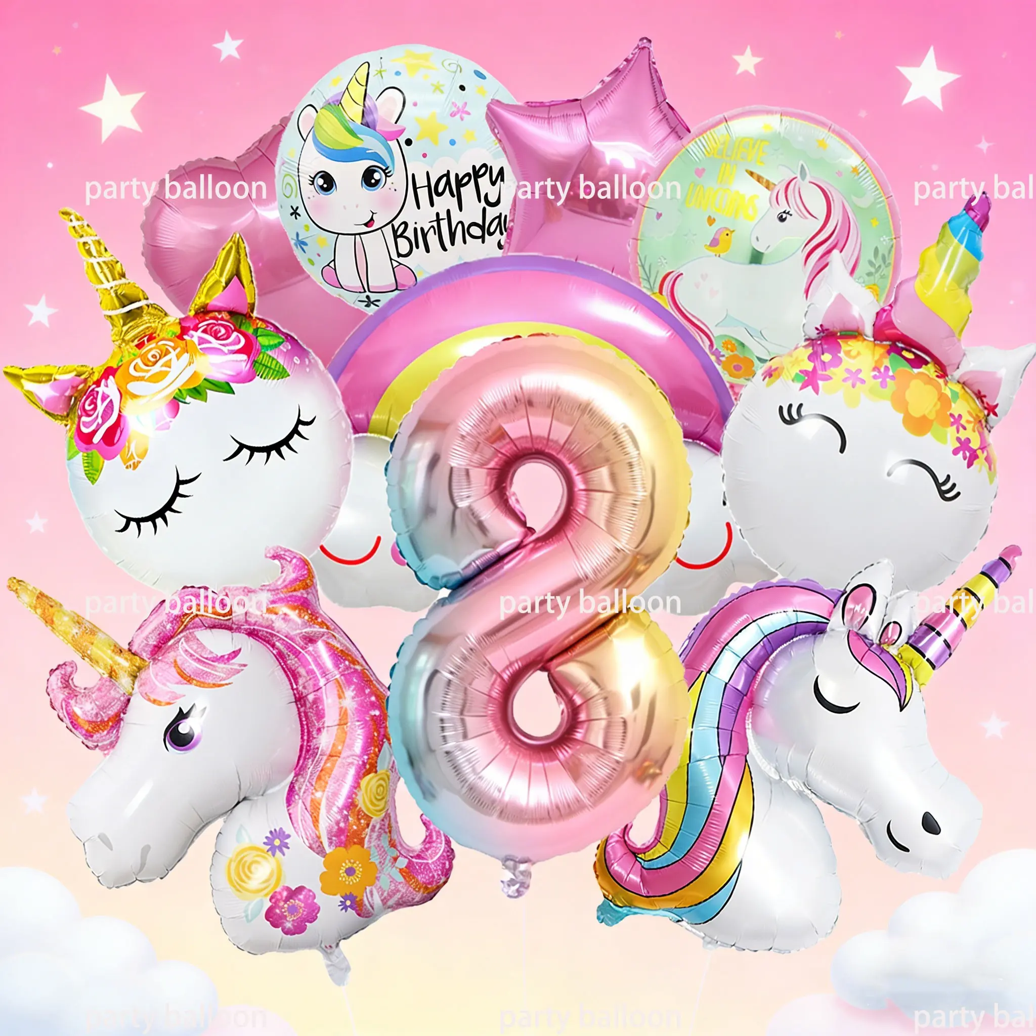 12pcs 32inch Gradient Unicorn Party Balloons, Foil Balloons, Gradual Color Numbers, Rainbow, Unicorn Shapes, Stars Hearts, Girl Birthday Party Decor, Balloon Decorations