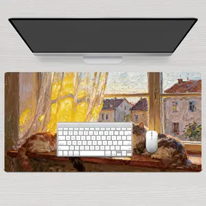 LIVEKEY Art Mouse Pad with Cat on Balcony Painting Design  31.5x15.75in Large Non-Slip Desk Mat  Soft Fabric Gaming Mouse Pad with Stitched Edges for PC Laptop Computer  Cute Cat Theme Desk Accessory