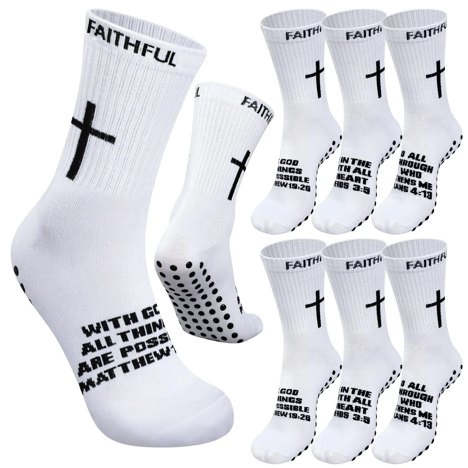 6 Pairs Cross Grip Socks Christian Anti-Slip Grip Socks Soccer Bible Verse Athletic Socks for Youth Boys Men Women Sport Ideal for Summer‑Camp Soccer Training & Back‑to‑School Gift