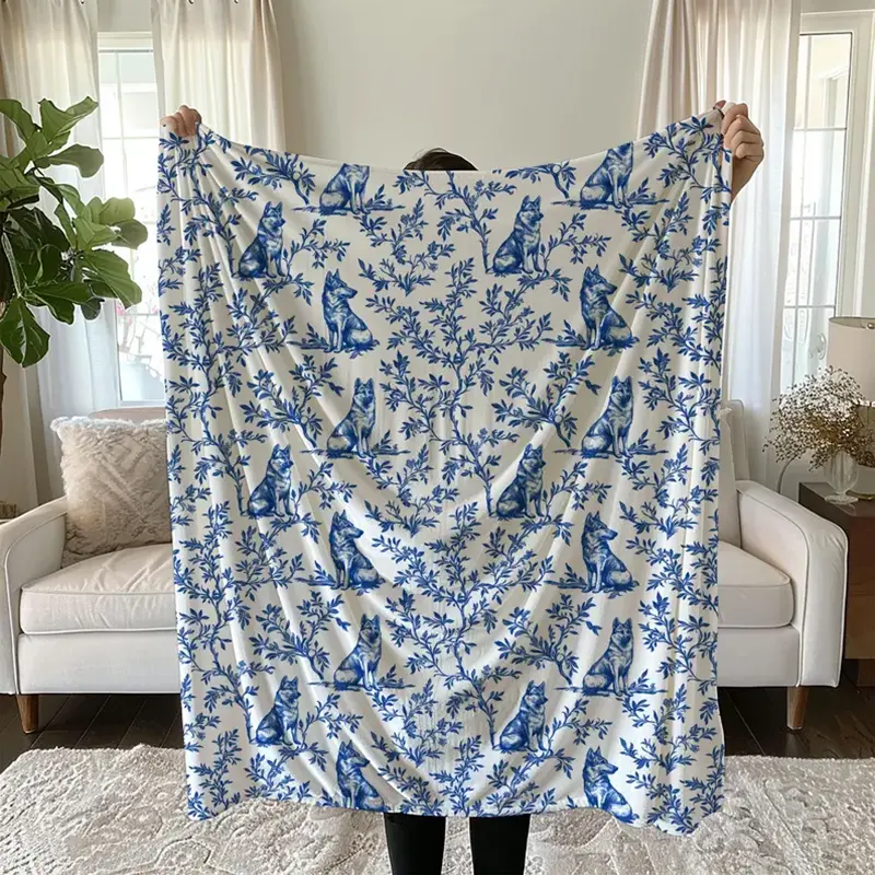 German Shepherd Blue French Toile Blanket, Blue Toile Throw Blanket for GSD Lovers Toile de Jouy Gift Shepherd Dog Toile Cozy Plush Blanket