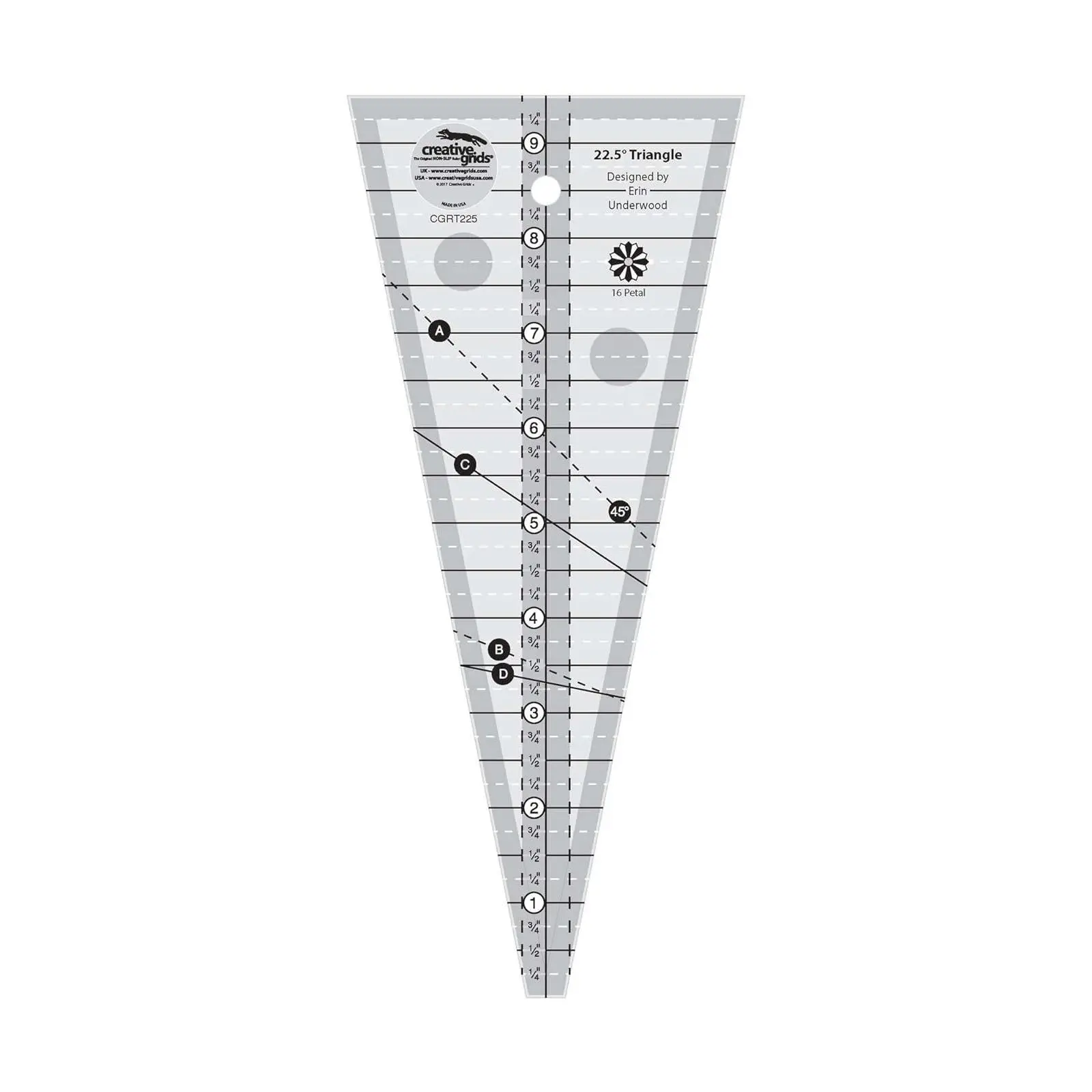 Creative Grids 22.5-Degree Triangle Ruler - CGRT225, Made in USA, 4.25in x 9.25in Non-Slip Grip Acrylic Sewing Tool, Quilting Crafting Template with Black and White Easy-to-Read Markings