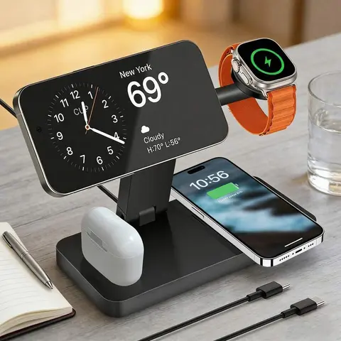 25W Magnetic Charging Station For Apple Devices, Foldable 4 in 1 Magnetic Wireless Charger Stand for iPhone 17 Pro Max 16 15 14 13 12 Pro Max Plus, Apple Watch Series & Airpods Pro/Pro 2/3/2 Watch Protector Chargeable