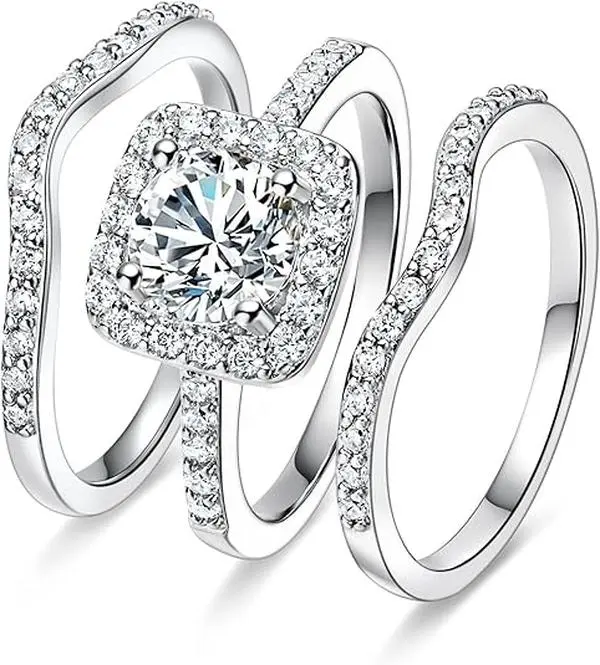 GEMSME Women 1.5 CT Round Cut Halo Three in One Set Wedding Engagement Promise Eternity Opal Ring Valentines Day Mother Birthday Christmas Gift R-0969