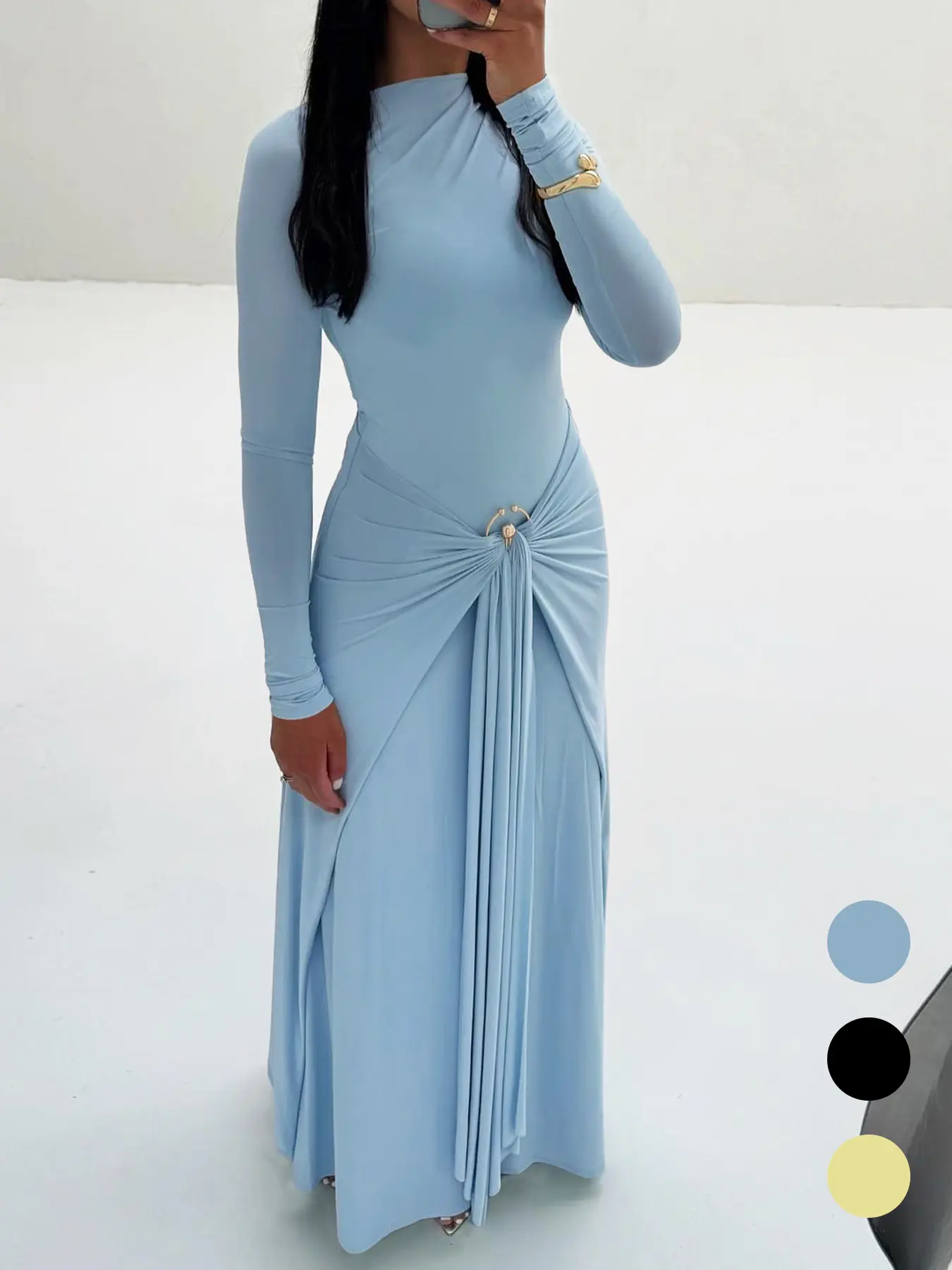 Women's Long-Sleeve Slim-Fit Casual Muslim Dress with Ring Buckle Tie, Plain Daily Wear, Modest Solid Color, Long Sleeve Dresses