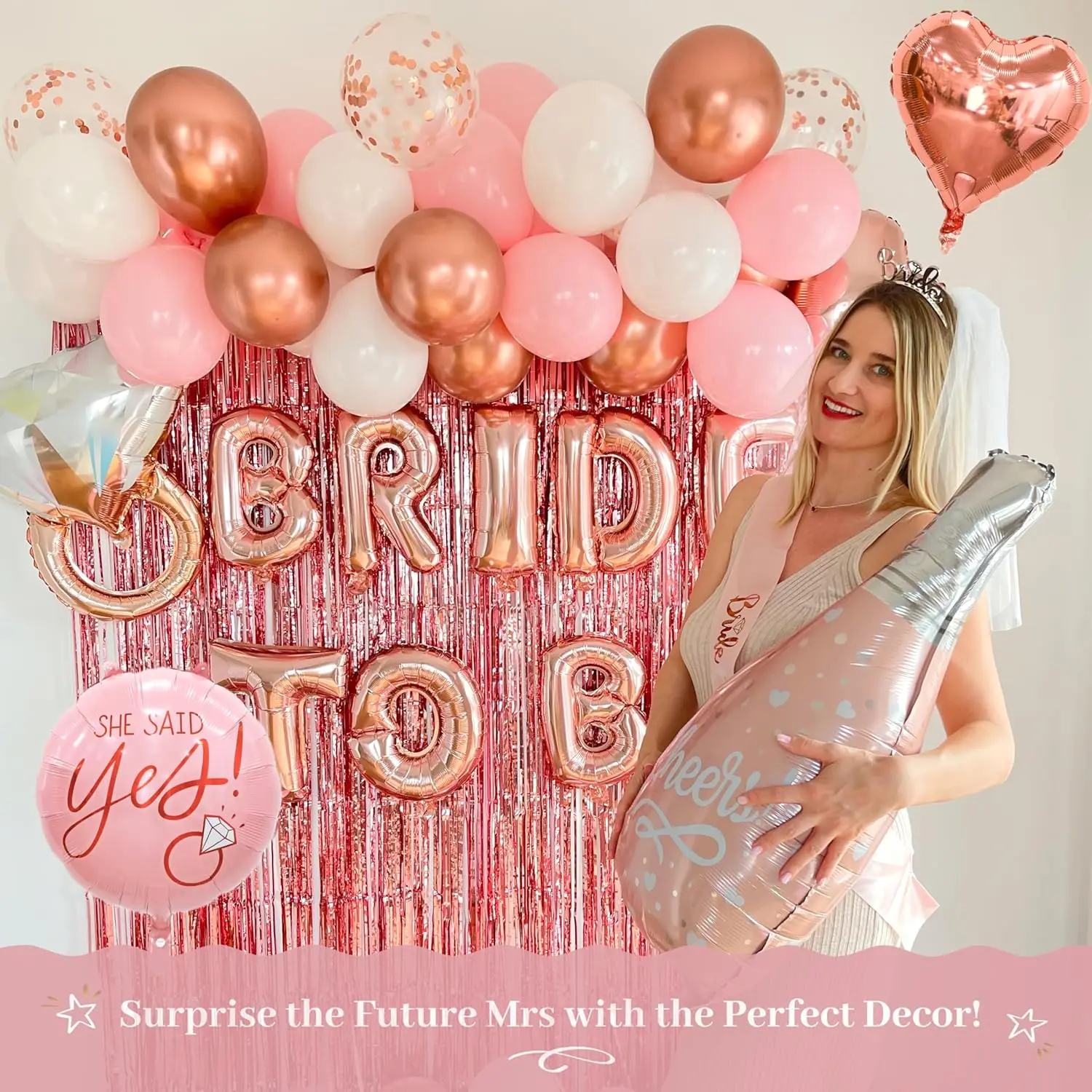 62-Pcs Bridal Shower & Bachelorette Decorations Kit - Festive Confetti Balloons, Statement Banner Balloons, Bride-to-Be Banner, Bridal Veil, Curtains, Bride Sash, Wedding Photo Props