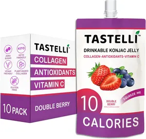 Tastelli Konjac Jelly Drink – Double Berry | Infused with Collagen, Vitamin C & Antioxidants | 10 Calories, Zero Sugar, Vegan | Drinkable Dessert Pouch, 150mL x 10 Pack