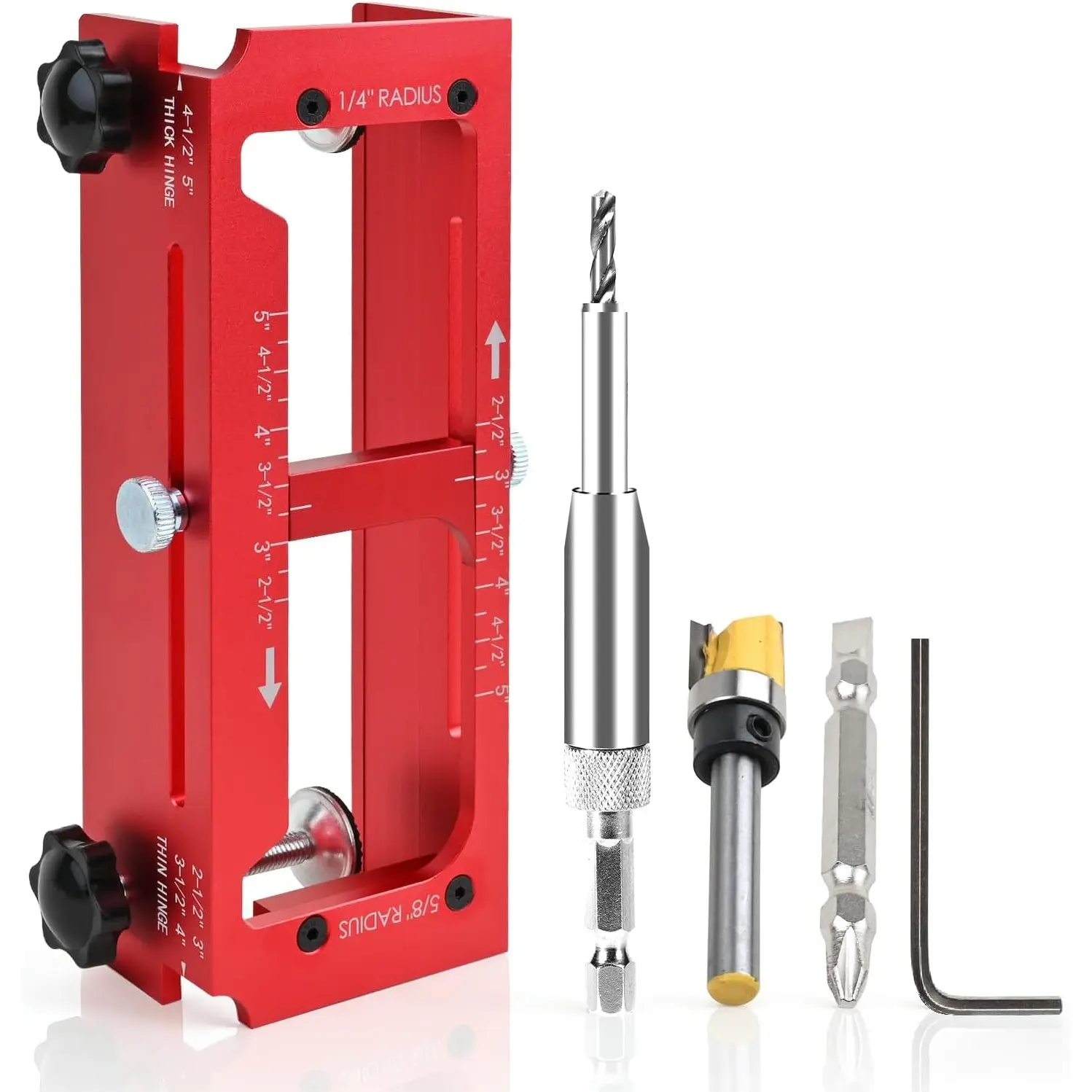 Door Hinge Jig, Aluminum Door Hinge Template Kit for Router, Door Hardware, Adjustable Mortise Jig Fits Door Hinge from 2.5" to 5" Length and Thickness, 1/4" Radius, 5/8" Radius and Square Corner Type