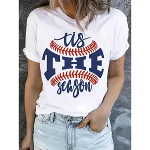 Plus Size Womens Casual Baseball Graphic T Shirt with Short Sleeves Round Neck and Machine Washable Fit Suitable for Baseball Moms and Sports Enthusiasts in a Sporty Fabric in White