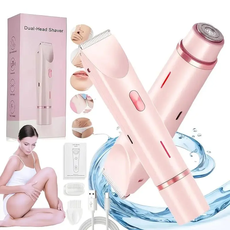Women's 2-in-1 Cordless Electric Shaver & Trimmer, Rechargeable Lithium-Ion Hair Removal Device with IPX7 Waterproof Dual Titanium-Ceramic Blades, Replaceable Head for Smoothing Face Grooming, Long-Lasting Batteries