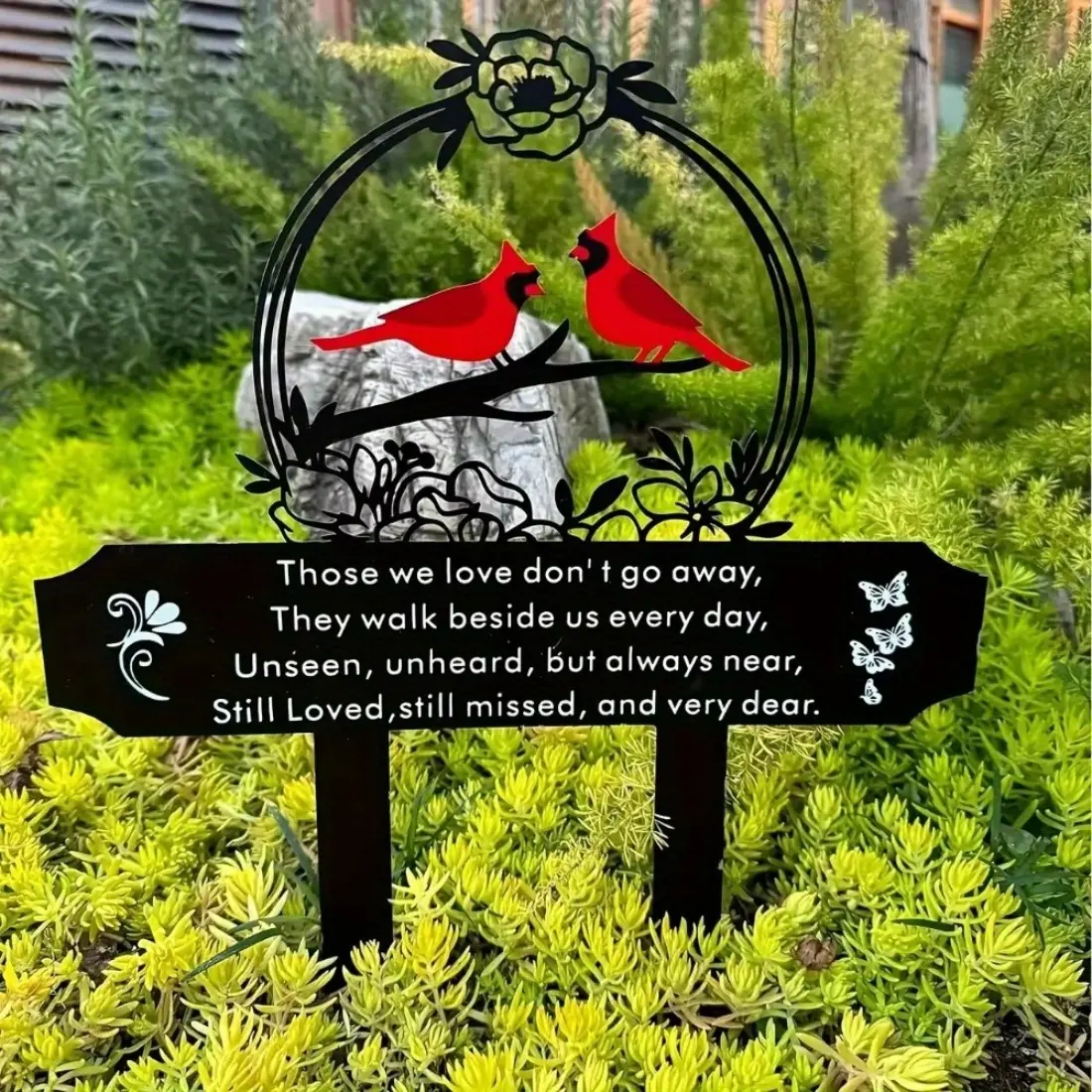 Elegant decorative memorial plaque stake. Floral cardinal birds garden stake. Cemetery decoration. Insert sign to honor family.