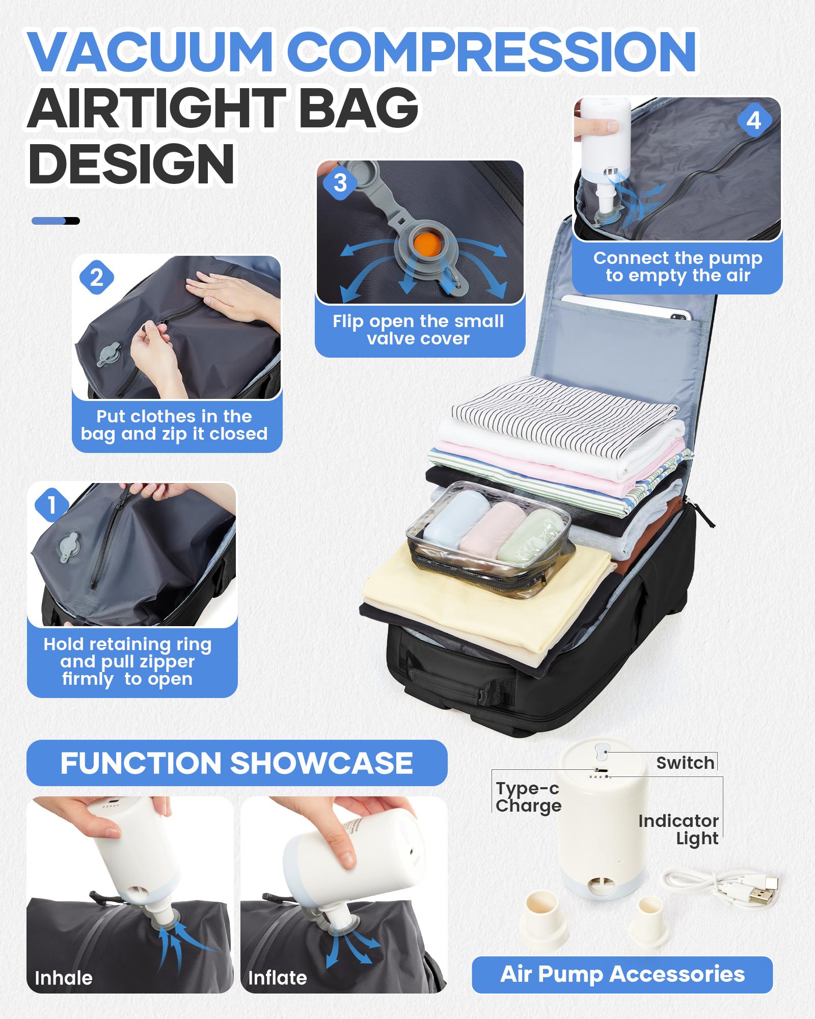 Vacuum Seal Backpack Travel With Pump,Carry On Travel Backpack With Vacuum System,Mochila de Viaje Vacuum,Travel Laptop Backpack