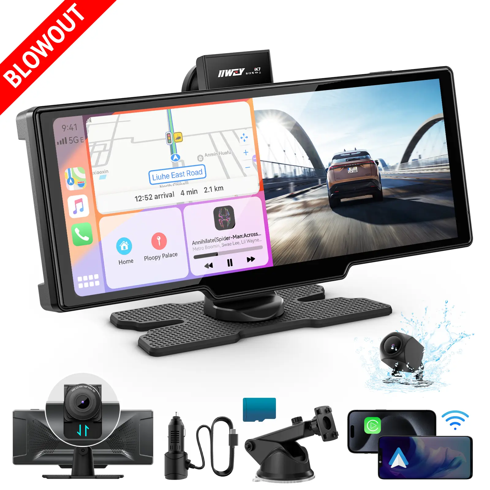 【BLOWOUT】IIWEY iK7 10-Inch Portable Car Video Player with Wireless CarPlay Screen, 4K Dash Cam, 1080P Backup Camera, Android Auto, 64GB Storage, GPS Navigation, Car Screen Display, Car Video Players Car Tv For Back Seat