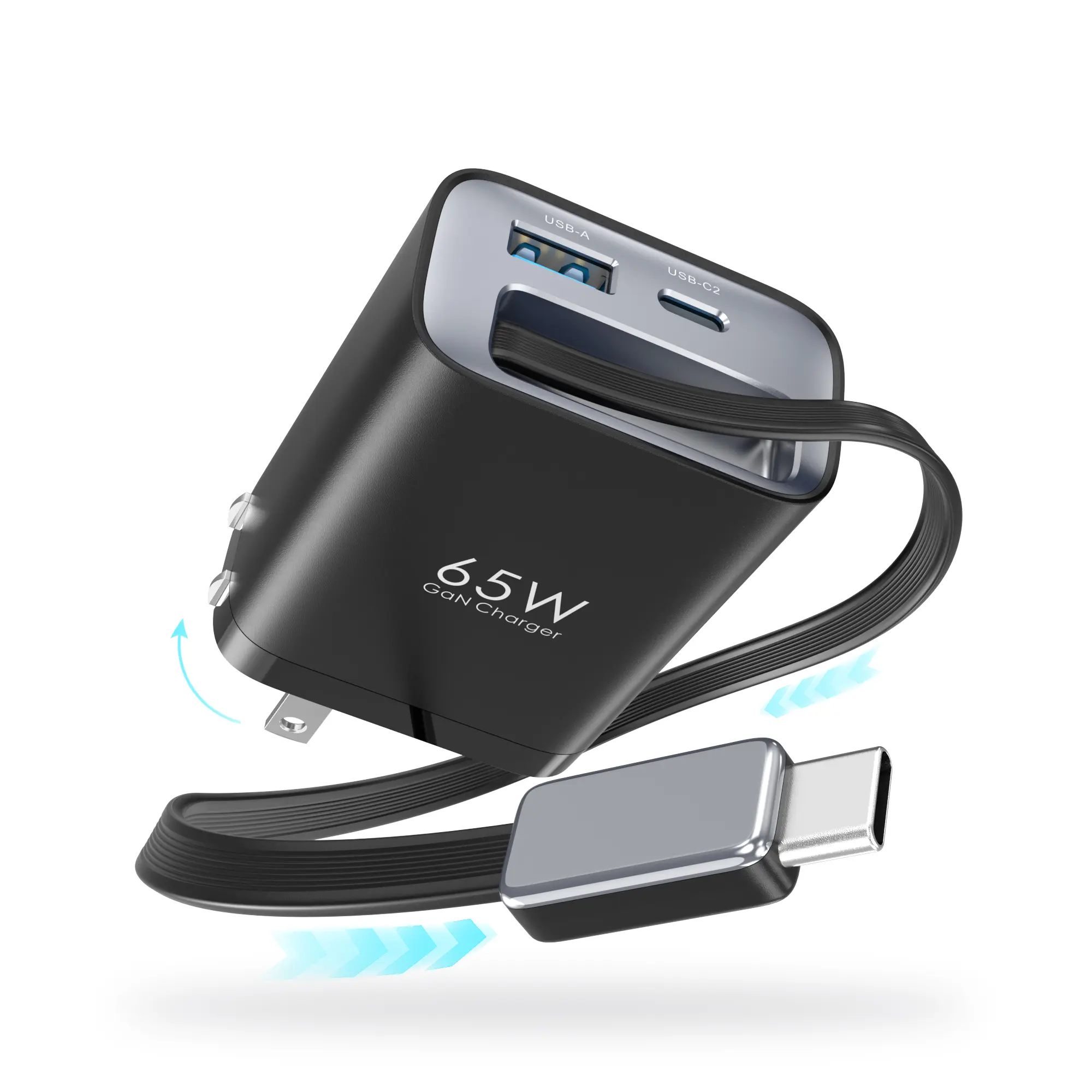 TOPADRE 65W Portable Fast Charger - 3-Port Retractable Charger Adapter with Built-in Cable, 3-in-1 Charging, Adapter Cable, C-Type for Smartphones, Laptops, Fast Chargers, Charger Adapter Chargers
