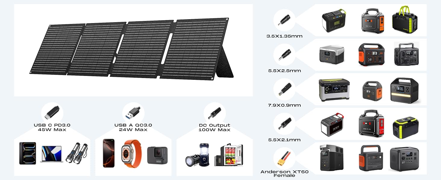 MARBERO 100W Portable Solar Panel 100 Watt 20V Foldable Solar Panel Charger for Power Station QC3.0 USB & DC Output >23% High Efficiency IP68 Waterproof for Camping Outdoor Home RV Blackout Cloudy