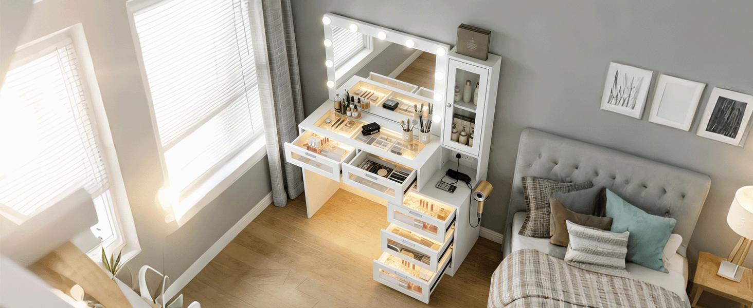 HUAYING Vanity Desk with LED Mirror, Side Cabinet & Charging Station, Makeup Vanity Table with Glass Door & Drawers, Dressing Table for Bedroom HUAYING Vanity Desk with LED Mirror, Side Cabinet & Charging Station, Makeup Vanity Table with Glass Door & Drawers, Dressing Table for Bedroom
