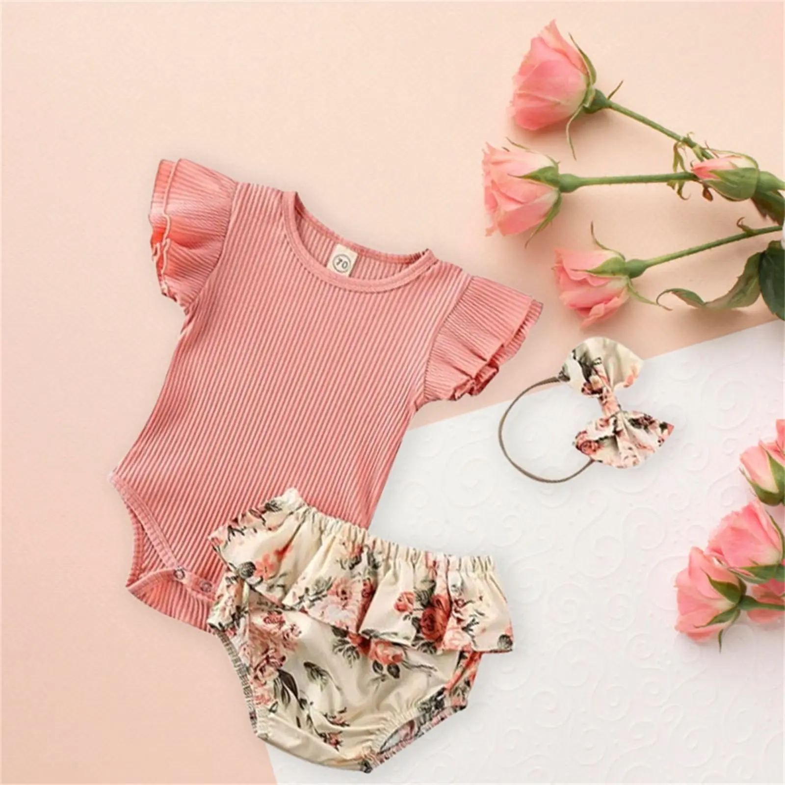 Baby Girl's Summer Outfit Sets Newborn Ruffle Romper Top Bloomer Floral Shorts Headband Casual Baby Clothing