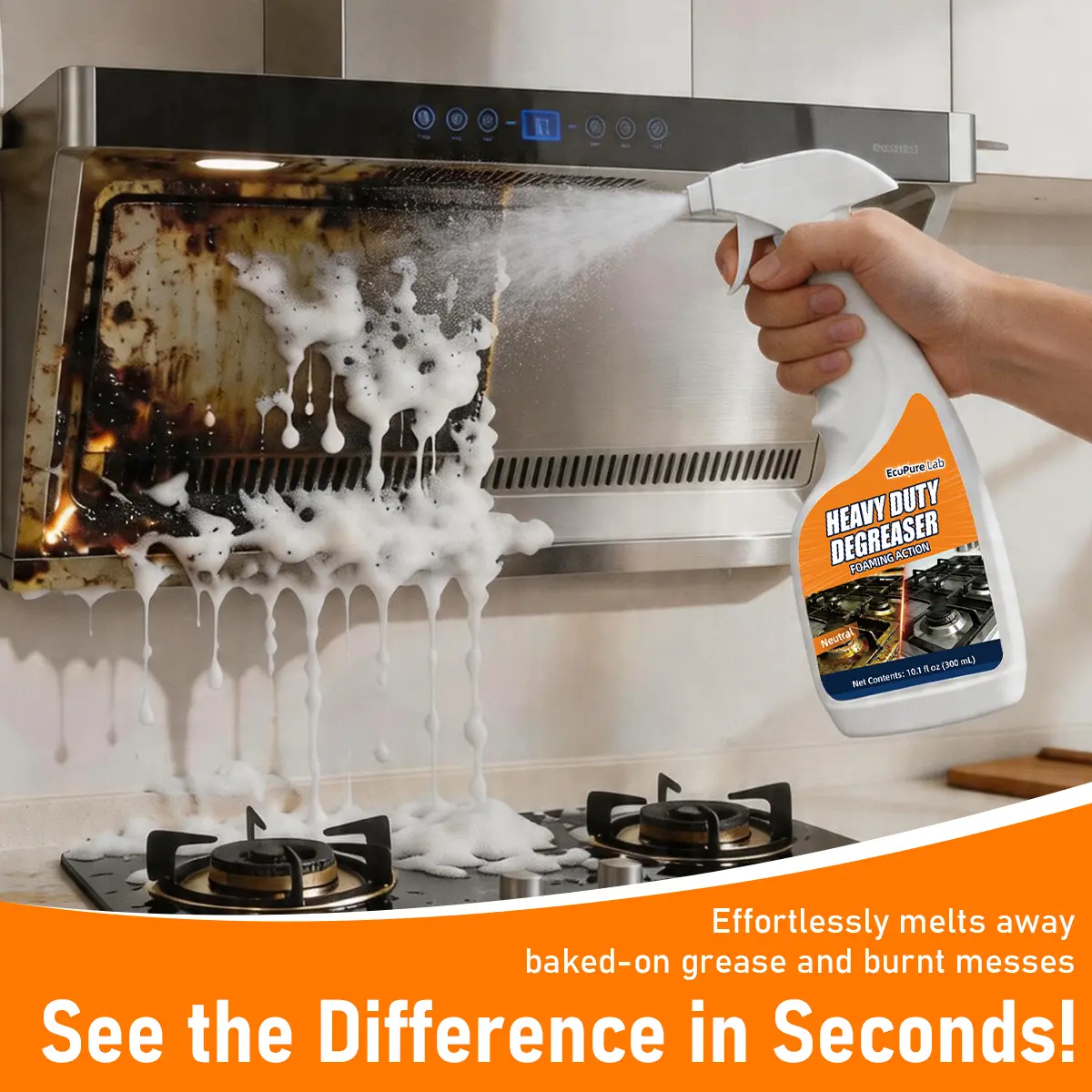EcoPure Lab Heavy Duty Kitchen Degreaser Spray – Powerful Grease Remover for Stove, Oven, Range Hood & Grill – Fast-Acting Oil & Burnt Grease Cleaner, No Residue, Non-Toxic Enzyme Formula