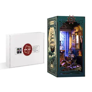 DIY Undersea Shadow World Book Nook Kit with LED Lights, Wooden Miniature Bookshelf Insert Decor, Creative Gift for Adults