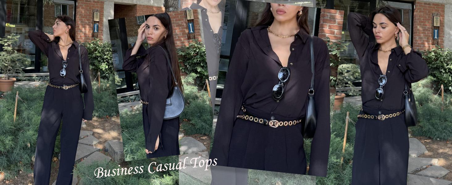 Womens Long Sleeve Button Down Shirts Oversized Collared Drop Shoulder Work Tops Textured Loose Blouse S-XXXL