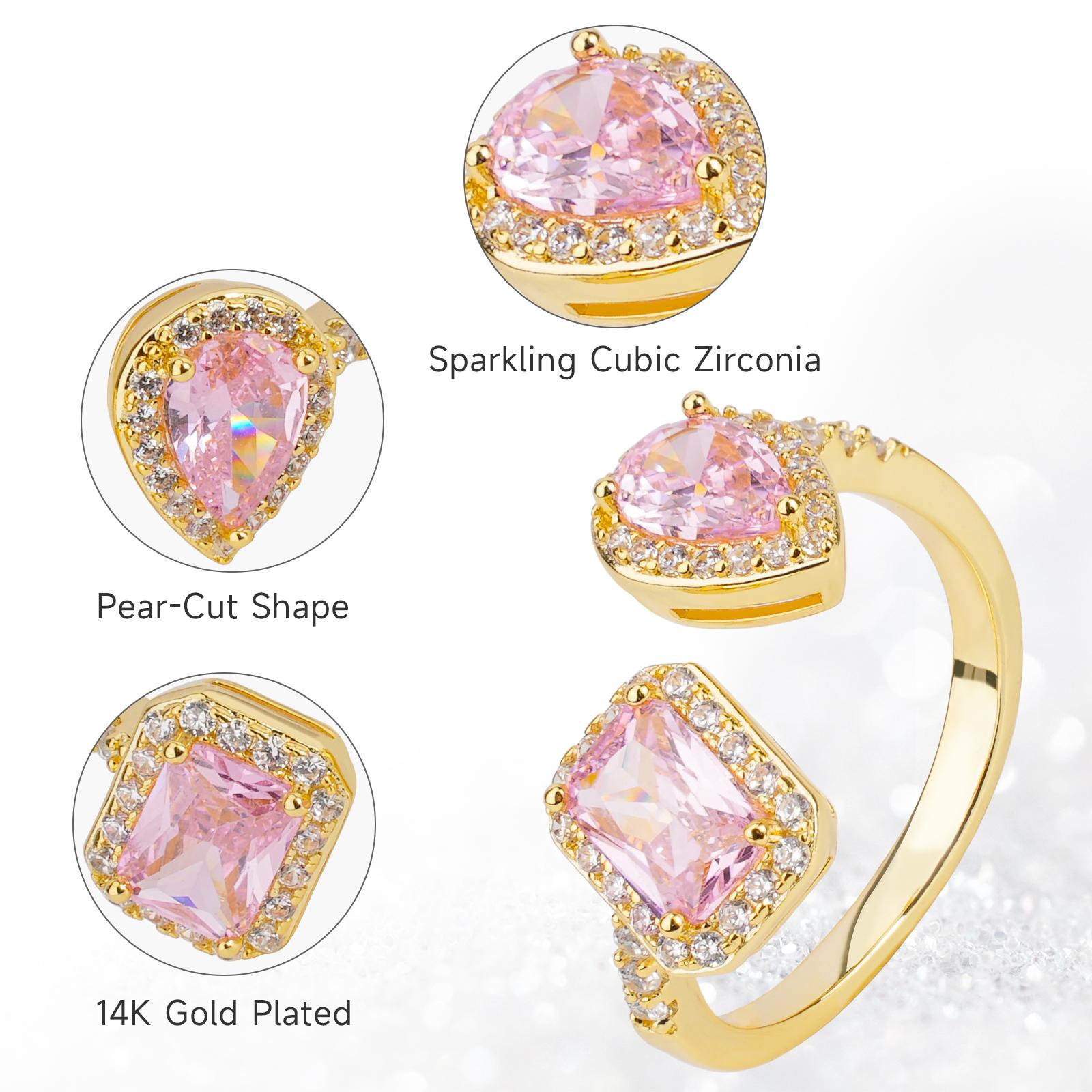 MEIITRUE 14K Gold Plated Statement Rings for Women, Pear & Emerald Cut 5A Cubic Zirconia Rings, Adjustable Open Rings