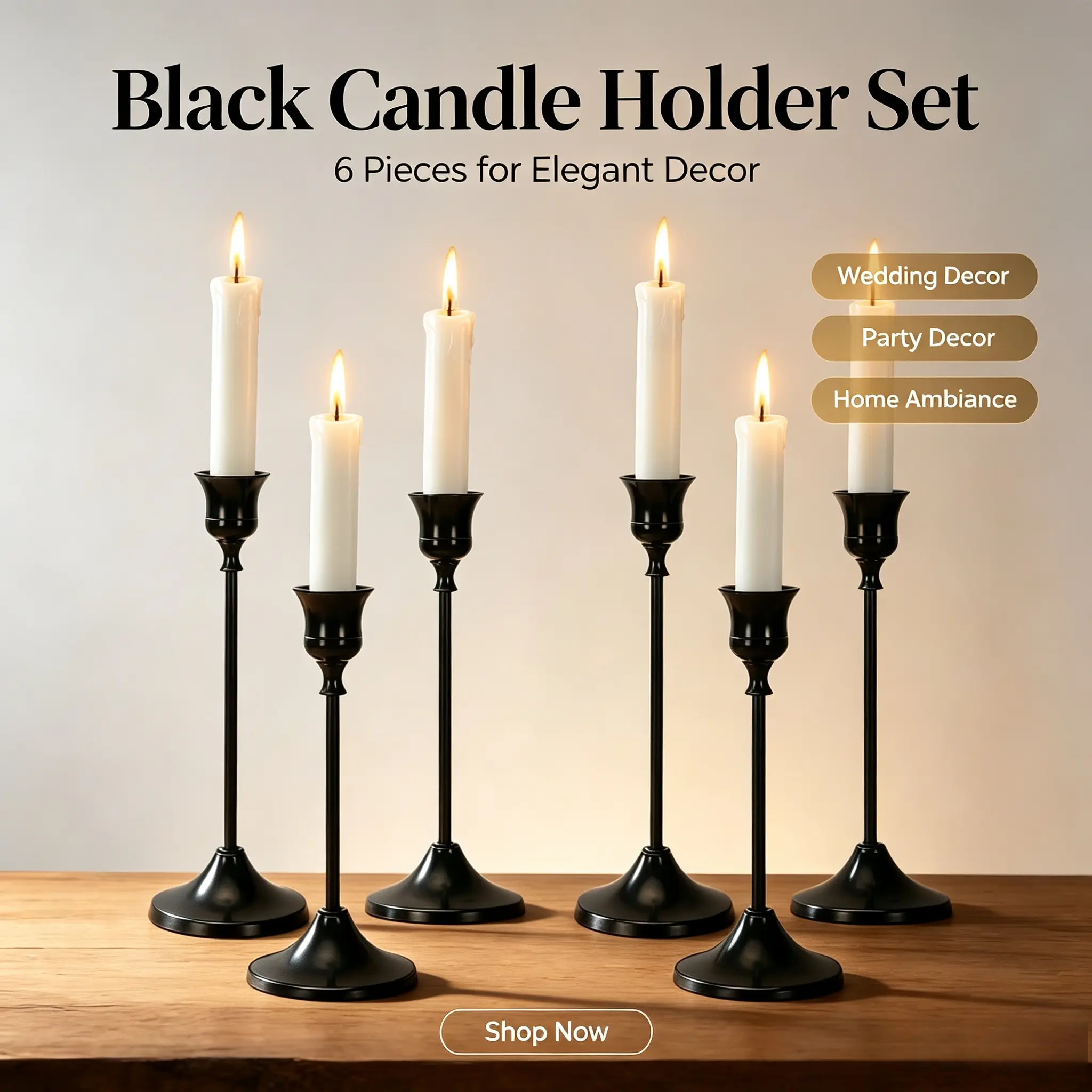 6 Pcs Elegant Rustic Black Candle Stands - Home Decor for Holiday, Party Table Centerpieces, Housewarming Gifts (Candles Not Included)