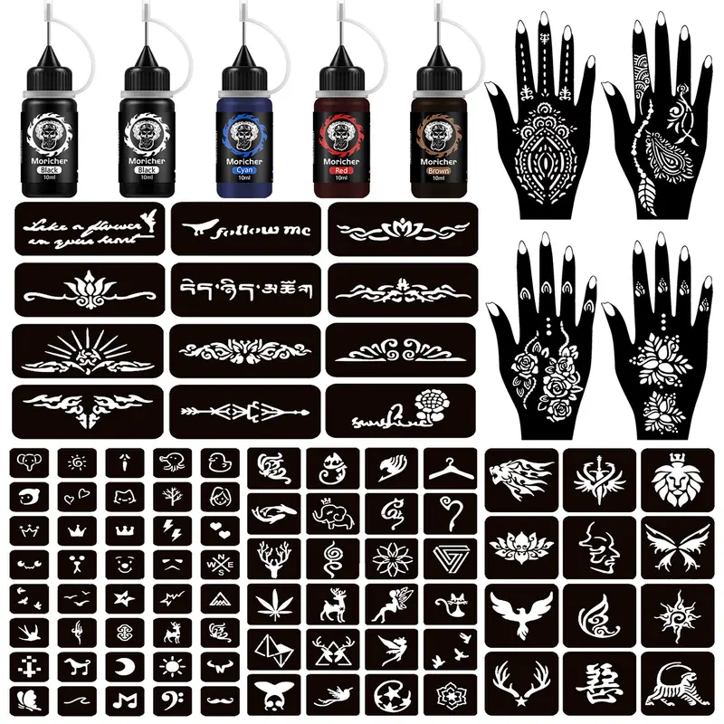 Joxpring Temporary Tattoo Kits Henna kit 5 Inks 96 Stencils for DIY Art Painting Party Gifts