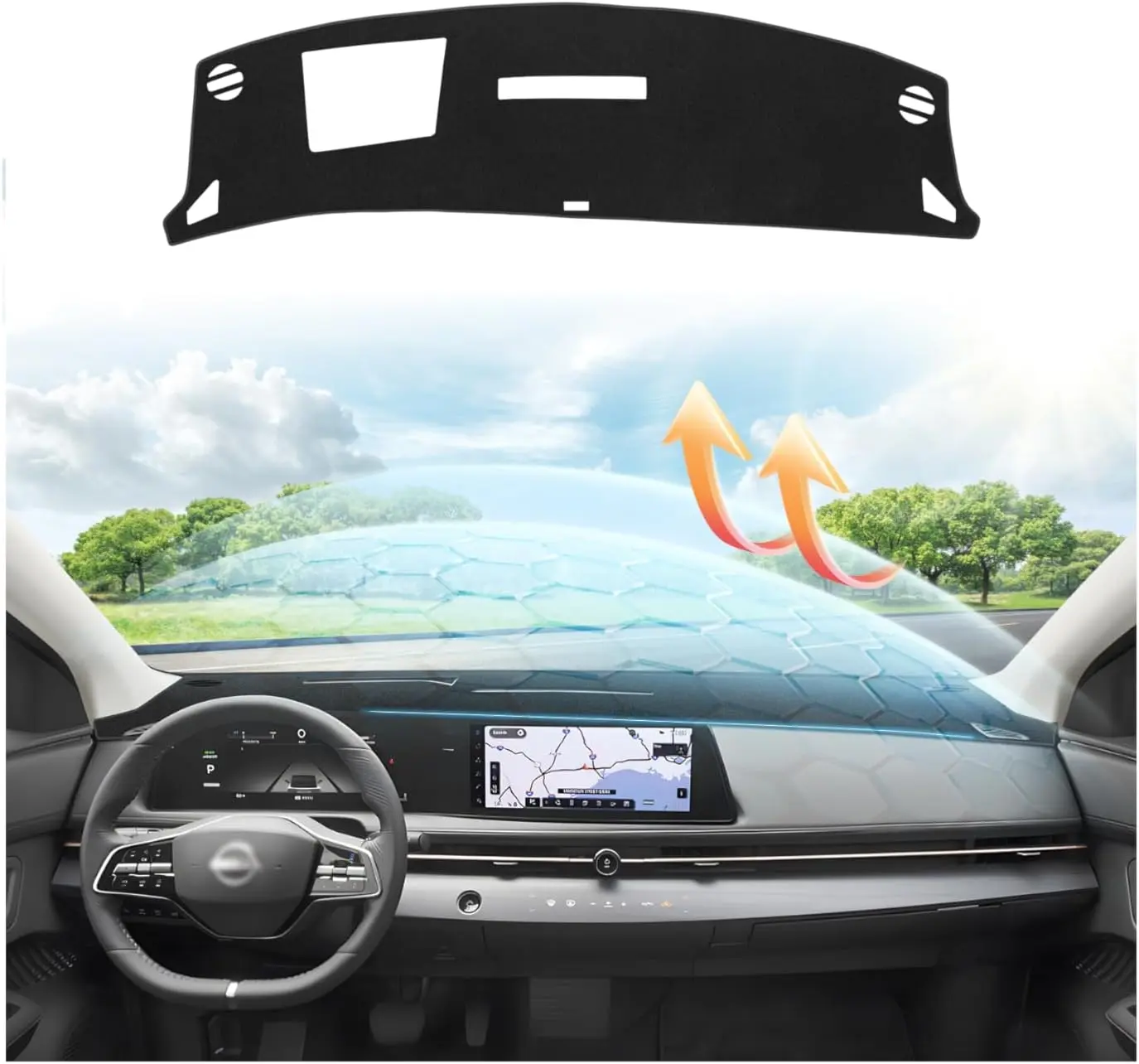 KUST Factory-Fit Cut Dashboard Cover Mat for Nissan Ariya 2023-2026 (Only HUD-Equipped Models), Polyester Non-Slip Carpet with Magic Sticker Aid, Dashboard Shield UV Ray Guard Ariya Interior Accessory