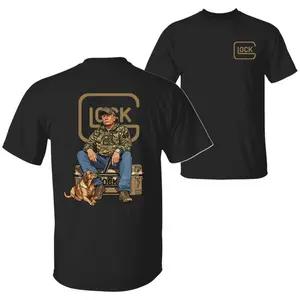 The 47th President Trump Holding a Glock Sitting Next to a Hunting Dog Shirt, Camo Hunting Season Crewneck Unisex Cotton T-shirt