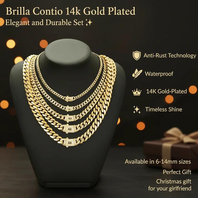 technology anti-rust new Brilla Contio Jewelers 14K Gold-Plated Cuban  new anti-rust technology Bracelet & Necklace Set Waterproof Fade-Proof Hypoallergenic 6-14mm Sizes Timeless Shine for Every Look Valentine's Day gift