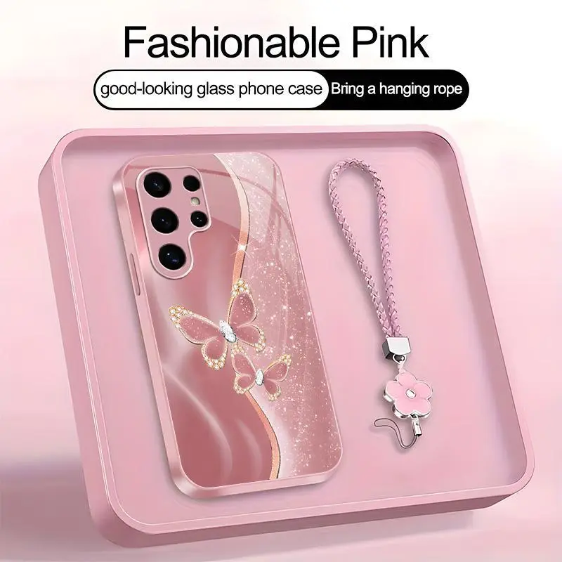 Suitable for [Galaxy S24 Ultra] high-end women's phone case🤩，free four-leaf clover lanyardthe pattern is printed, not glitter，exquisite high-end printed patternsdrop-resistant and fingerprint-proof YM99