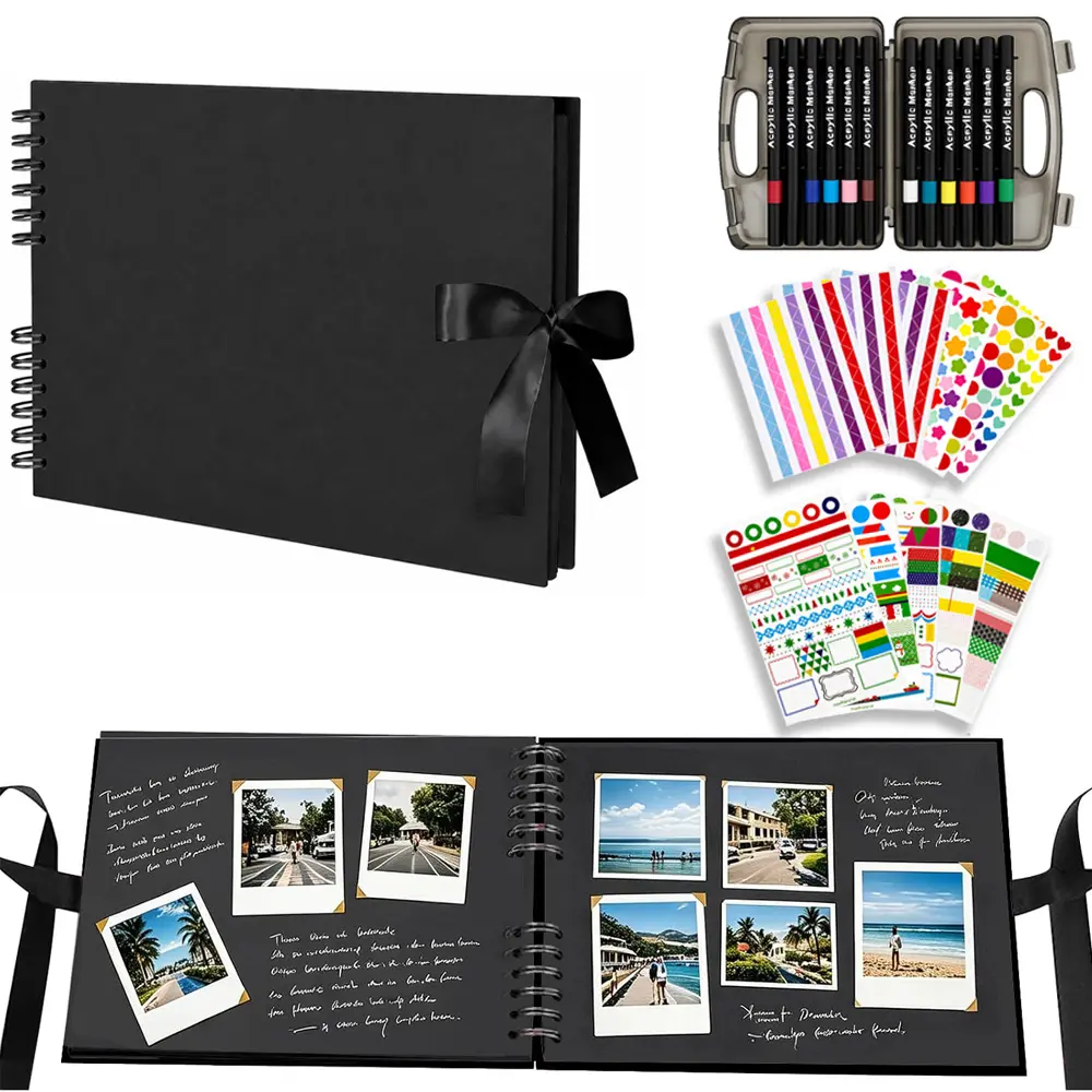 DIY Scrapbook Album Kit with 12 Markers & 11 Stickers - Home Decor Memory Book for Weddings, Family Occasions