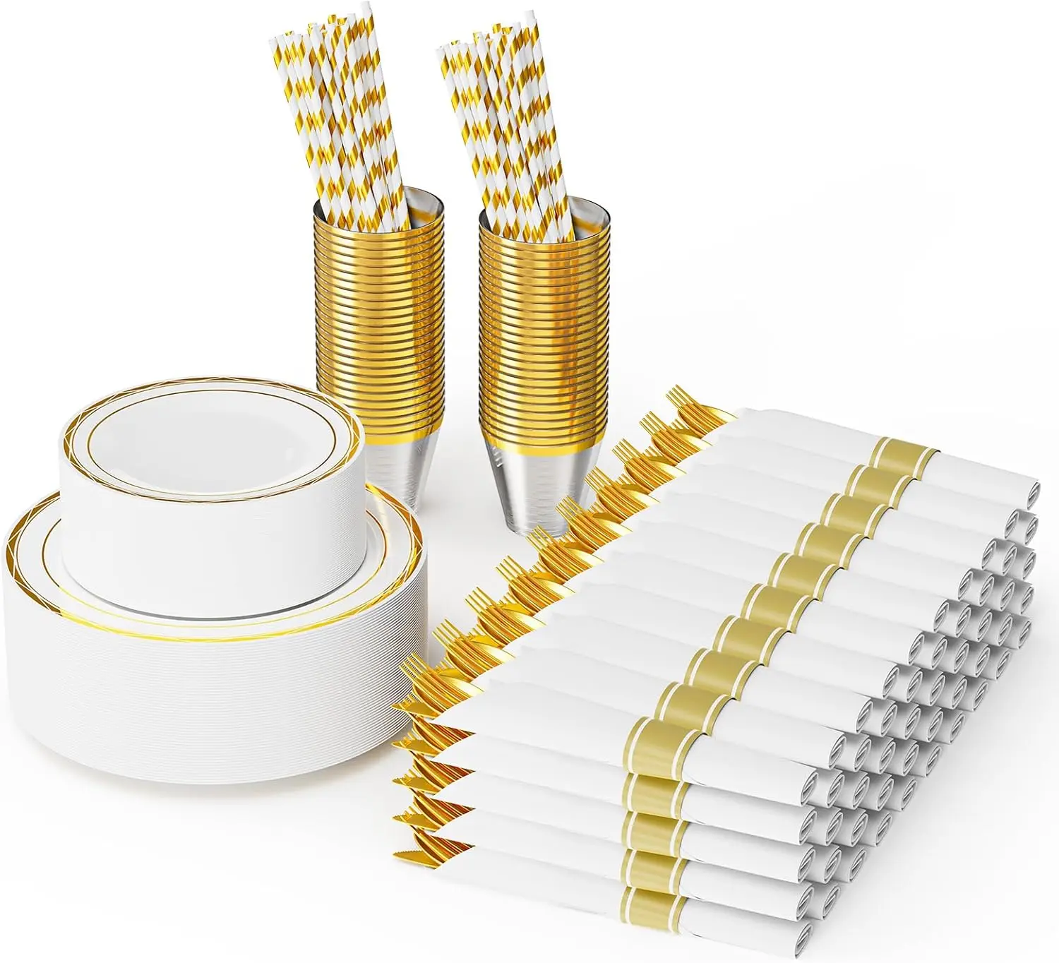 ROVSUN 350/700 Piece Disposable Dinnerware Set for 50/100 Guests, Clear Plastic Plates for Party, 50/100 Pre-Rolled Napkins,Silverware,Dinner & Dessert Plates,Cups,Straws for Wedding Birthday Event,TikTokShopBlackFriday