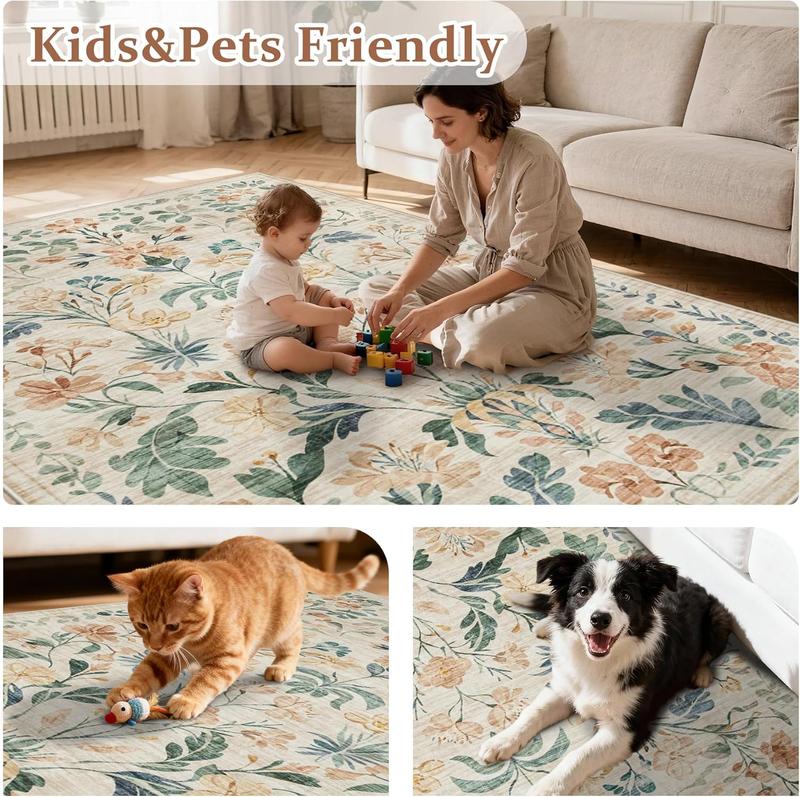 Lagre Boho Living Room Rug Soft Non-Slip Thin Carpet Indoor Floor Non-Shedding Neutral Floral Carpets for Bedroom Dining Room Farmhouse Nursery Washable Rug