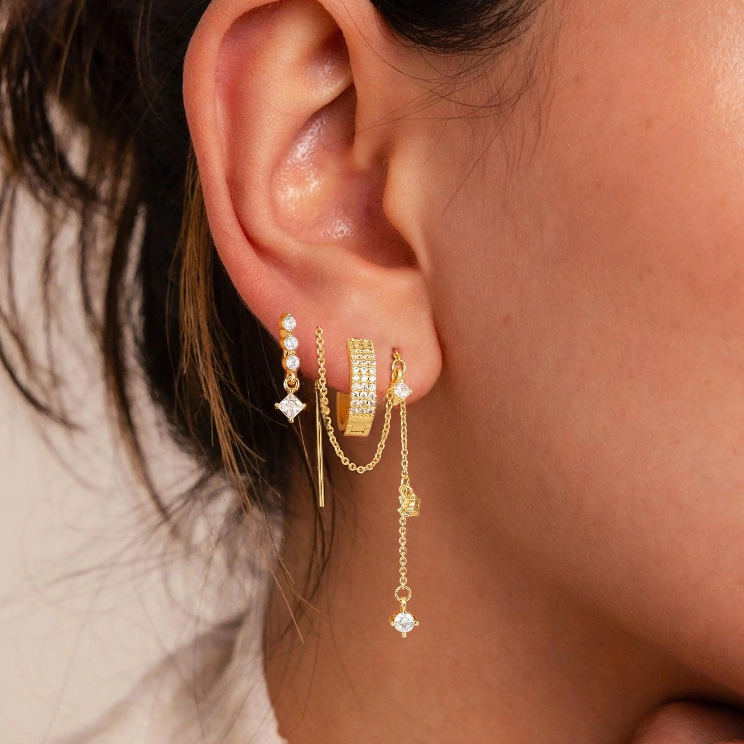 FREEKISS 3 Layered Chain Earrings For Women Hypoallergenic Aretes Dangle Earrings Stud Waterproof Jewelry Gift For Blackfriday Christmas summerwins homeessentials