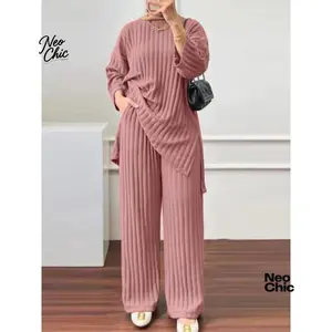 ShopWave-Io 2026 Relaxed Understated Long Sleeve Blouse Wide Leg Pants Sets Women Matching Sets Solid Islamic Clothing Muslim Tracksuit Outifits 2PCS