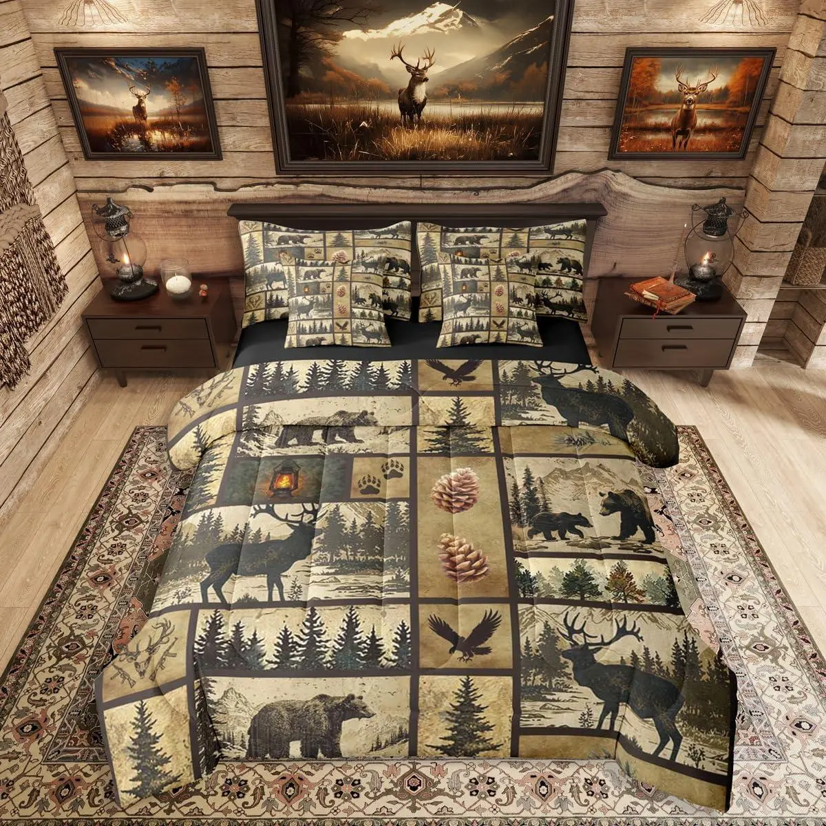 Feelyou 7-Piece Western Rustic Bear Comforter Set with Sheets, Hunting Country Patchwork Bed-in-A-Bag, Retro Forest Animals (Bear, Deer, Elk, Moose, Eagle) Bedding for Home Bedroom, Multi-Size, Machine Washable Rustic Theme Collection, Seven Pieces