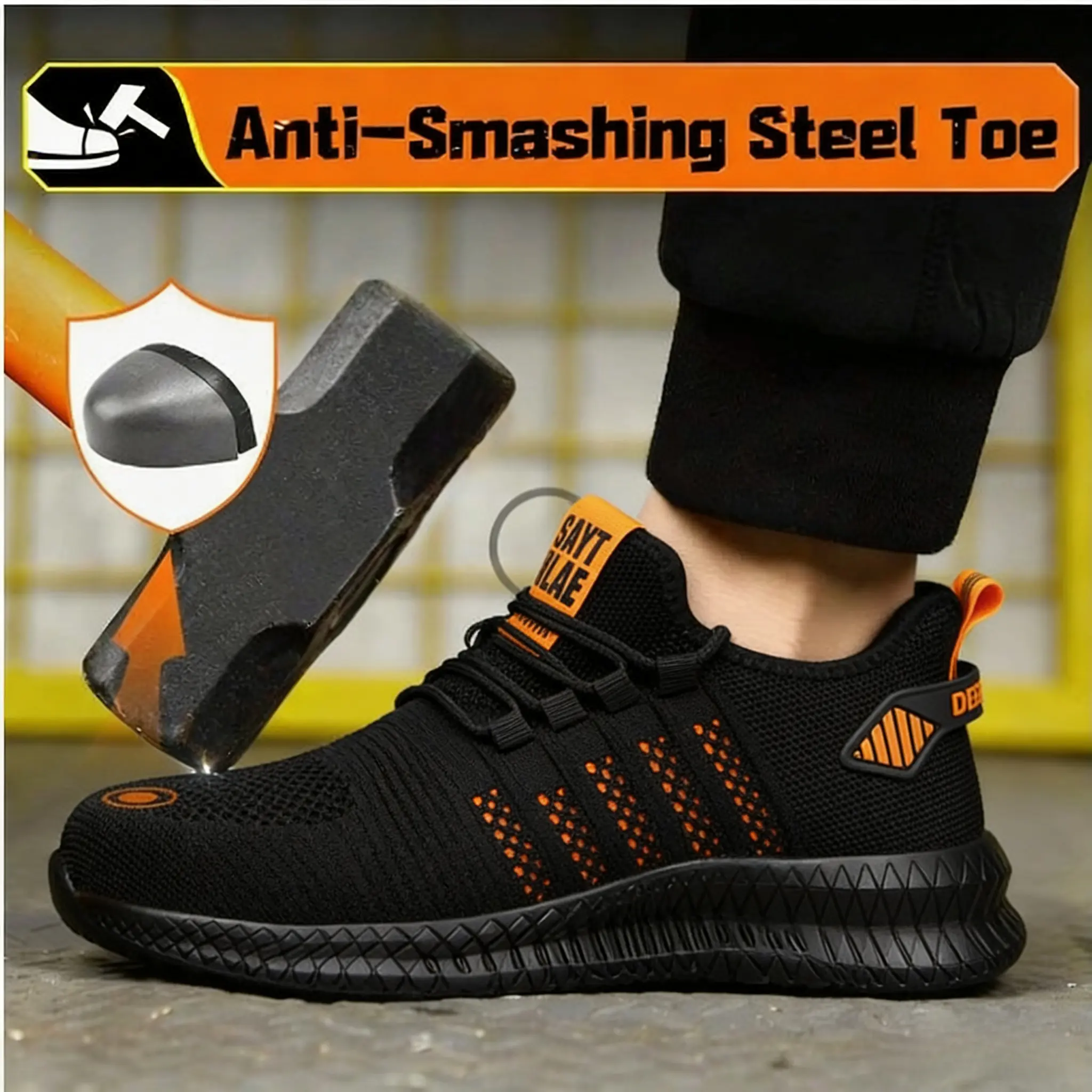 Steel Toe Sneakers for Men and Women, Breathable Mesh Lace-Up Safety Walking Shoes with Anti-Stab Soles, Safety Sneaker, Steel Toe Trainers, Fabric, Round Toe