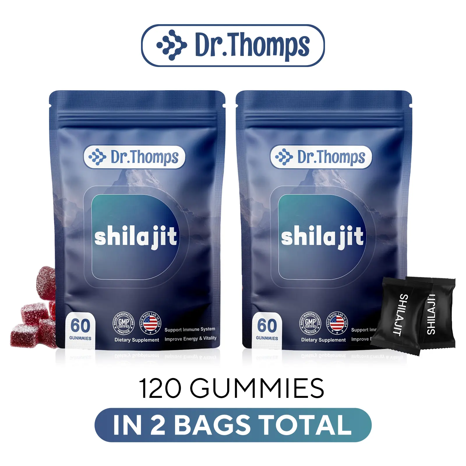 [Buy 1 Get 1] Dr. Thomps Premium Gold Himalayan Shilajit Edible Dietary Gummies - Lab Tested, Individually Packaged, with Ashwagandha, 75%+ Fulvic Acid, 85+ Trace Minerals - Non-GMO, 100% Natural & Organic for Fitness, Wellness, Healthcare (Men, Women), S