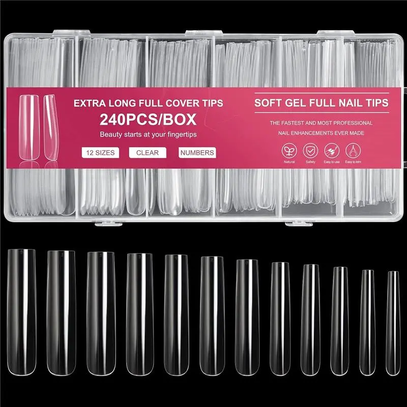 Extra Long Square Full Cover Nail Tips 240PCS XXXL Clear 12 Sizes Tapered Square Press on Fake Nails for Acrylic Nails Salons Home DIY with Box