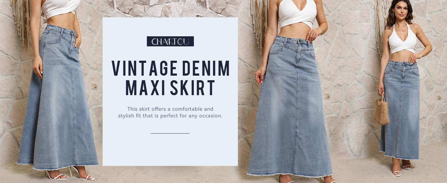 Chouyatou Women's Retro High-Waisted Denim Maxi Skirt A-Line Raw-Hem Denim Skirt with Pockets