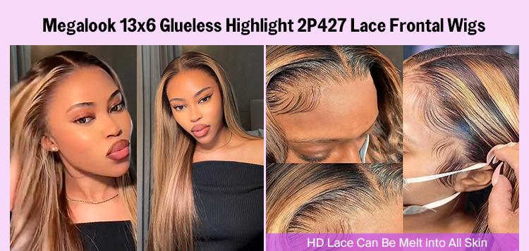 [Special Offer]Megalook 13x6 Glueless Lace 2P4/27 Straight Honey Blonde Highlight Ombre Colored 100% Virgin Human Hair Soft Thick Wig With Drawstring Band