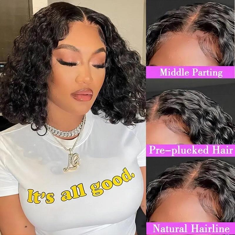 Water Wave Lace Wig Short Bob 100% Human Hair Wigs Deep Wave Transparent Lace Wig Curly Hair Wigs For Women