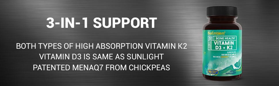 BioEmblem Vitamin D3 & K2 Capsules - 5000 IU D3, 100mcg K2 MK-7 & MK-4 - Vegetarian Bone Health Supplement - Non-GMO, 90 Veggie Caps