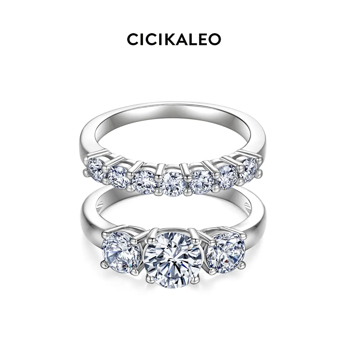 CICIKALEO 18K Real Gold-Plated Moissanite Wedding Ring Set for Women 3-Stone Engagement Ring with Stackable Band Promise Anniversary Gift R1