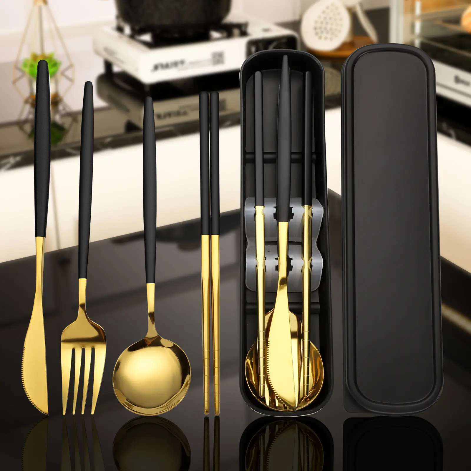 Sturdy 4-Piece Food Grade Stainless Steel Cutlery Set (170g) - Thickened Spoon, Chopsticks, Fork, Knife with Mute Storage Box (Box Keeps It Tidy, Deforms Less in Bag) for Daily Commuting, Outdoor Use, Food‑Grade Steel Tableware Gold Tableware Gold